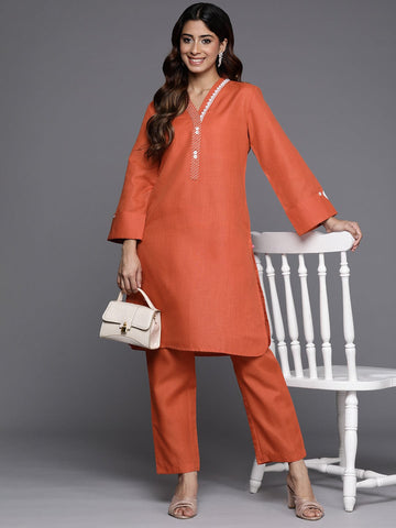 Varanga Women Orange Embroiderey And Lace Detailed Short Kurta With Btoom